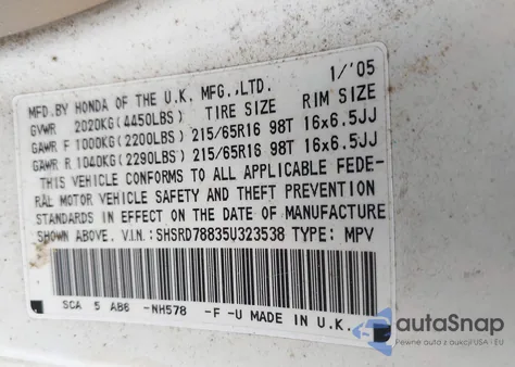 2005 Honda Cr-V Ex z USA, uszkodzony, nr VIN SHSRD78835U323538